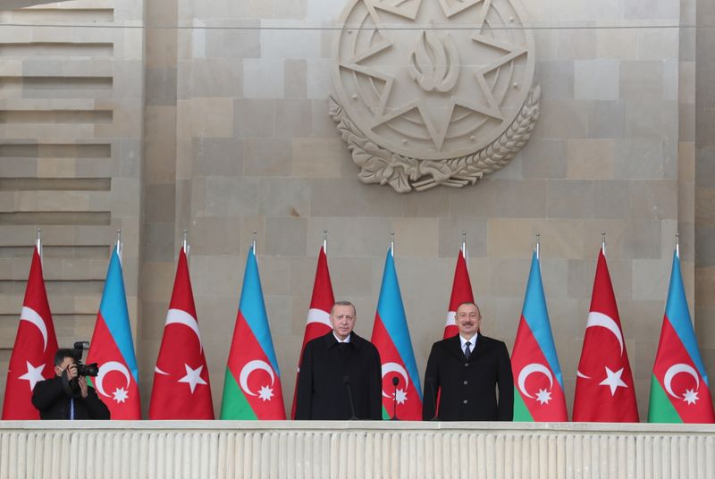 Presidents Erdogan of Turkey and Aliyev of Azerbaijan attend a