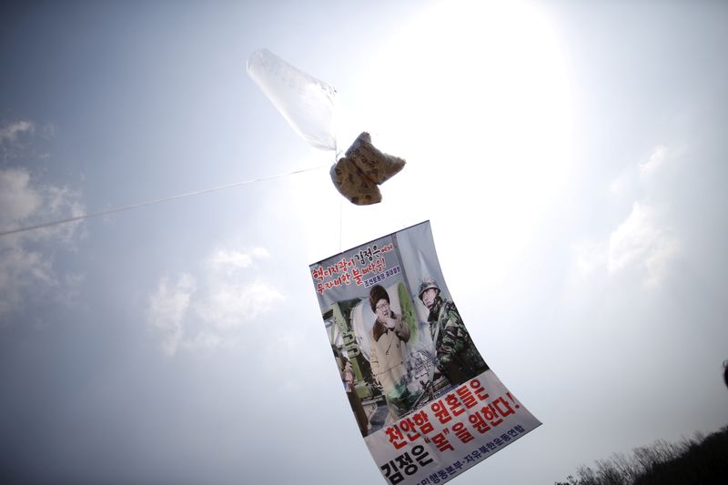 FILE PHOTO: A balloon containing leaflets denouncing North Korean leader