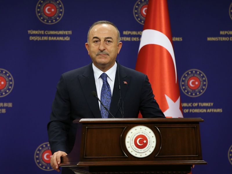 FILE PHOTO: Turkish Foreign Minister Cavusoglu speaks during a news