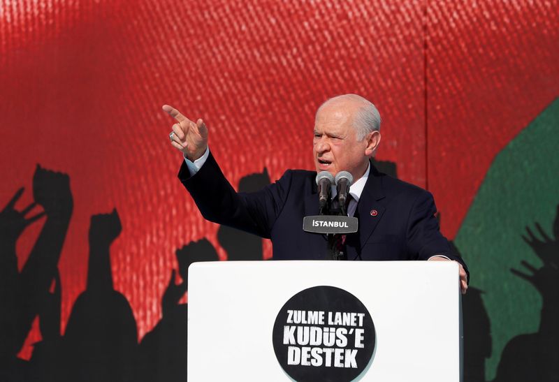 FILE PHOTO: MHP leader Bahceli delivers a speech during a