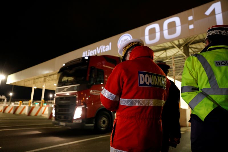 The first trucks leave Eurotunnel’s new customs border in Calais