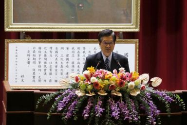 Taiwan’s Minister of National Defense Yen Teh-fa speaks during an