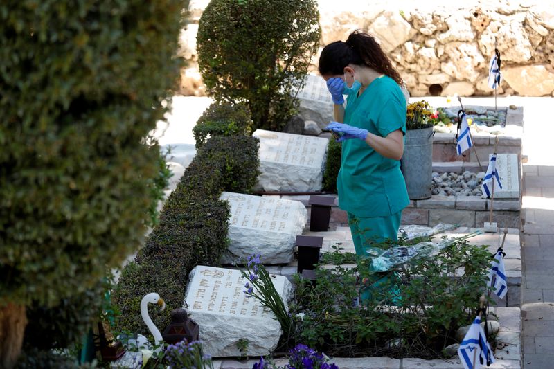 An Israeli nurse wears a face mask and gloves as