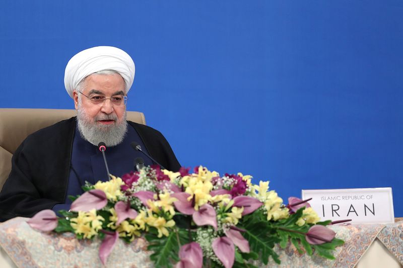 Iranian President Hassan Rouhani speaks during a video conference call