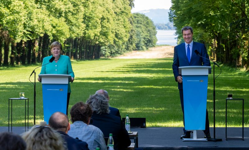 German Chancellor Merkel attends Bavarian cabinet meeting at Herrenchiemsee Island