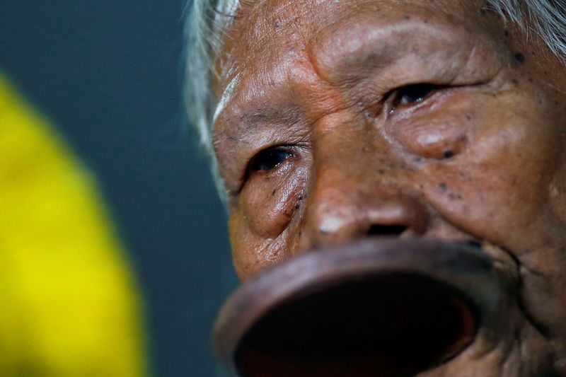 Brazil’s indigenous chief Raoni Metuktire speaks with journalists after meeting
