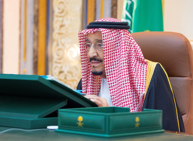 Saudi King Salman bin Abdulaziz attends a cabinet meeting via