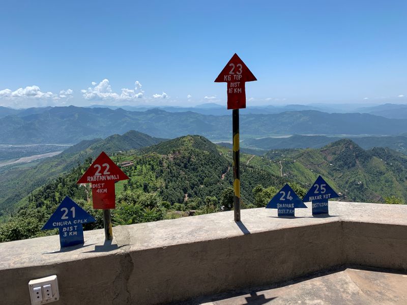 Signs displaying area distance are seen at a hilltop post