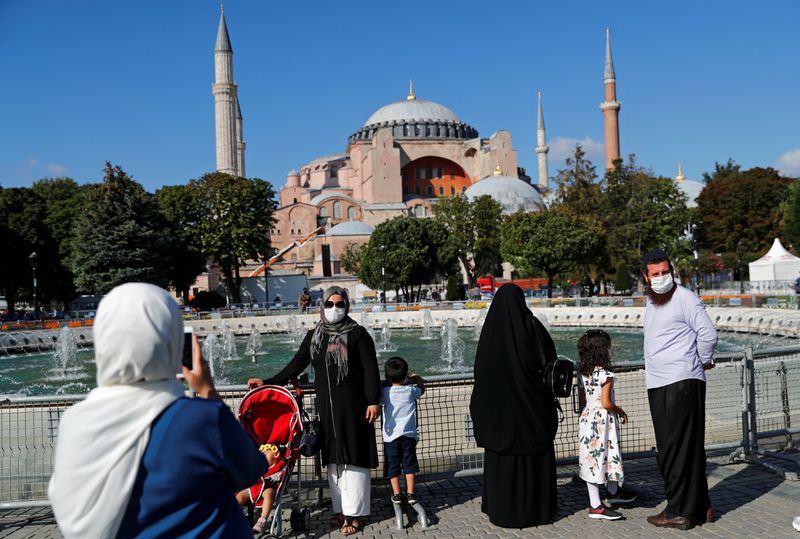 Women take pictures in front of Hagia Sophia or Ayasofya-i