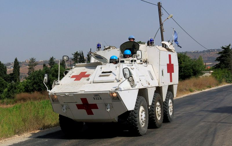 UN peacekeepers (UNIFIL) patrol the border with Israel, in the