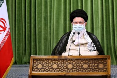 Iran’s Supreme Leader Ayatollah Ali Khamenei wears a protective face