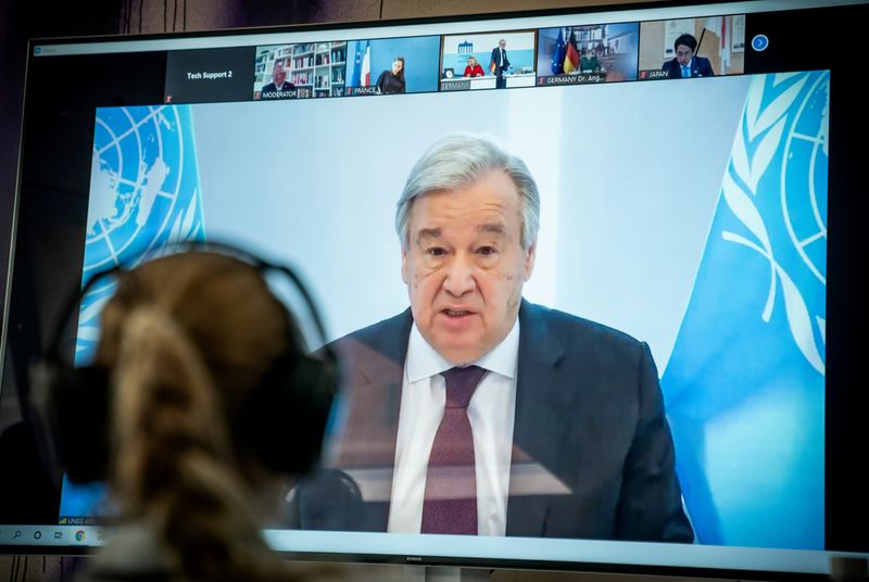 FILE PHOTO: UN Secretary-General Guterres in April during a virtual