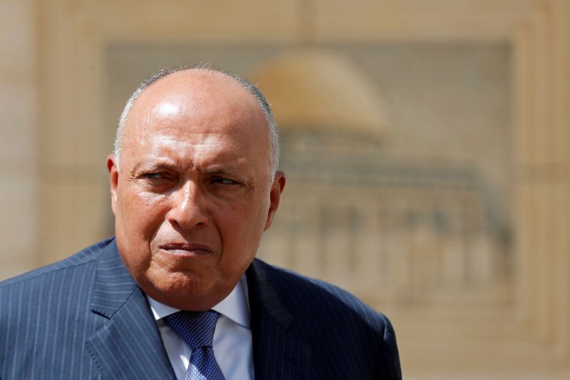 Egyptian Foreign Minister Shoukry gives a joint statement with Palestinian