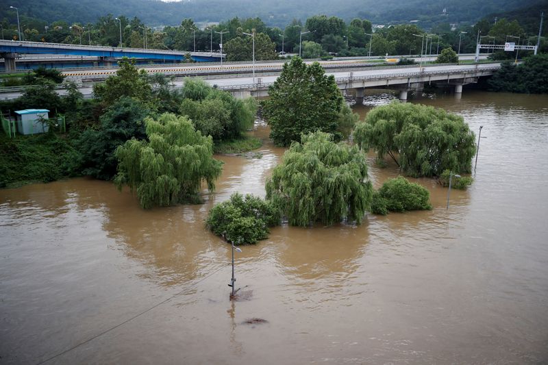 A submerged Han River park by flooded Han River is
