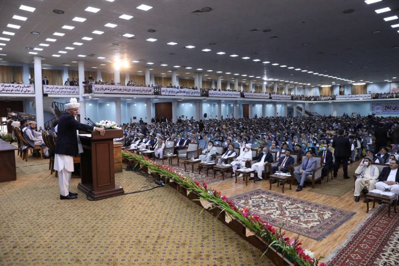 Afghanistan’s President Ashraf Ghani speaks during a consultative grand assembly,