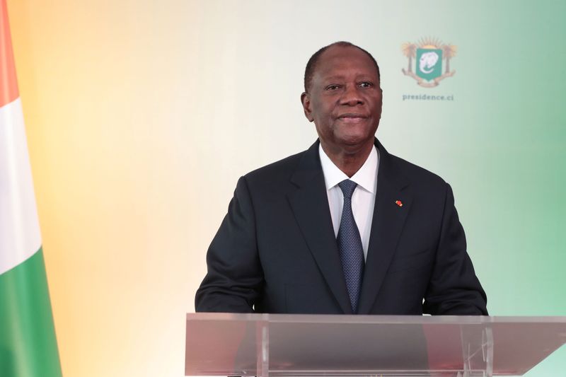 Ivory Coast’s President Alassane Ouattara delivers an address to the