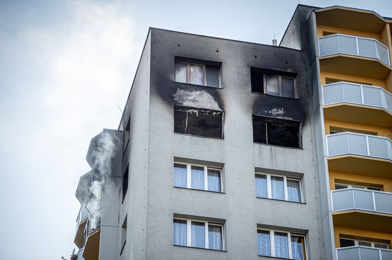 An apartment building is seen after a fire broke out