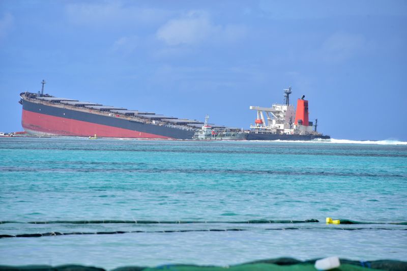 A general view shows the bulk carrier ship MV Wakashio,
