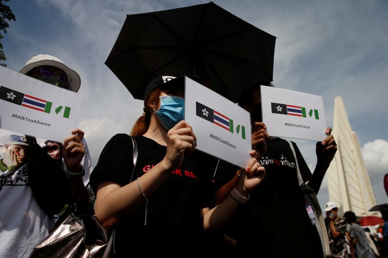 Protesters hold signs of the Hong Kong-Thailand-Taiwan network (Milk Tea