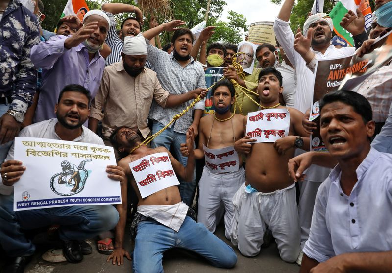 Protest against farm bills passed by India’s parliament, in Kolkata
