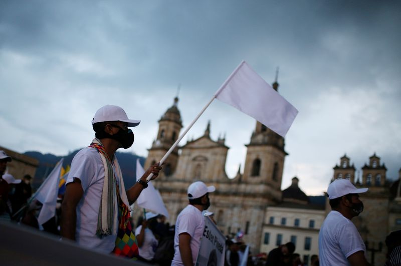 FILE PHOTO: Former FARC guerrillas protest in Bogota