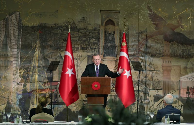 Turkish President Erdogan speaks during a meeting with businesspeople in