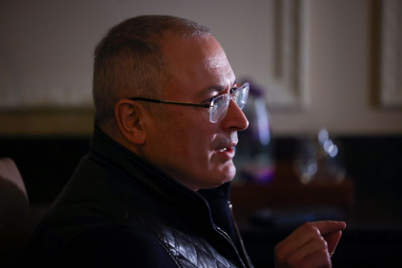 Former Russian tycoon Mikhail Khodorkovsky speaks during an interview with