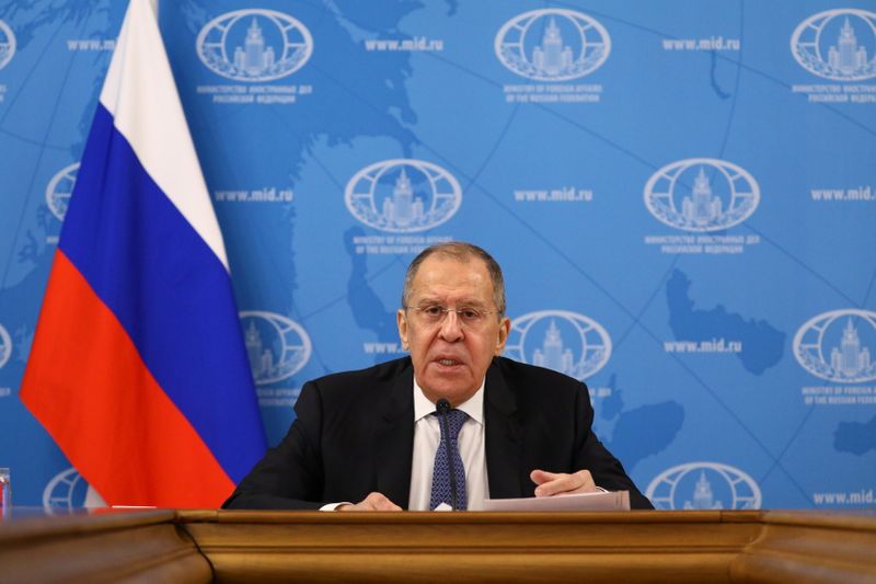 Russia’s Foreign Minister Lavrov speaks during his annual news conference