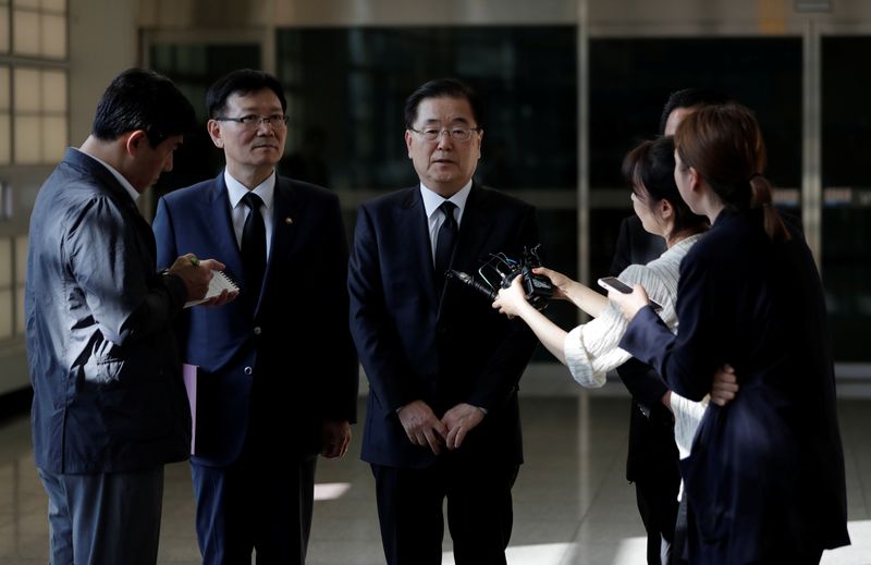 South Korean presidential national security director Chung Eui-yong speaks to