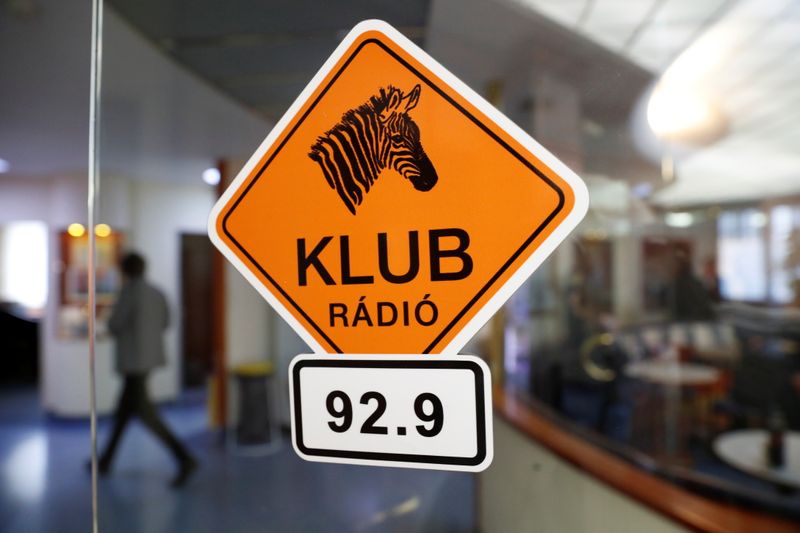 The logo of the opposition radio-station Klubradio is seen at