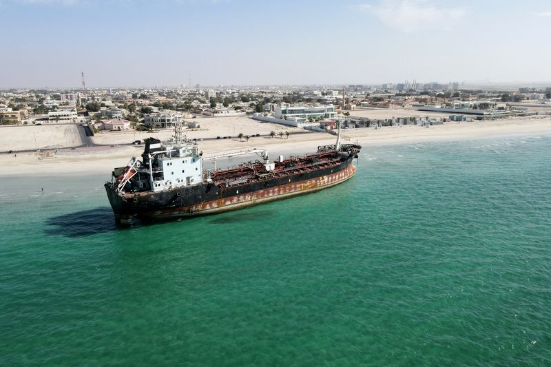 A picture taken with a drone shows an oil tanker