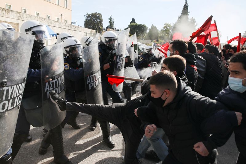 FILE PHOTO: Greek university students clash with riot police during