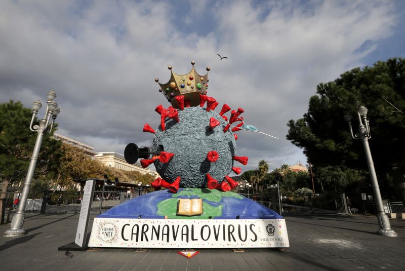 FILE PHOTO: A Carnival float depecting the novel coronavirus is