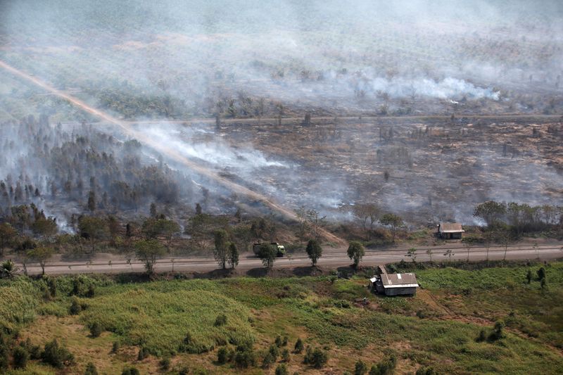 FILE PHOTO: Wooden houses are pictured as smoke covers trees