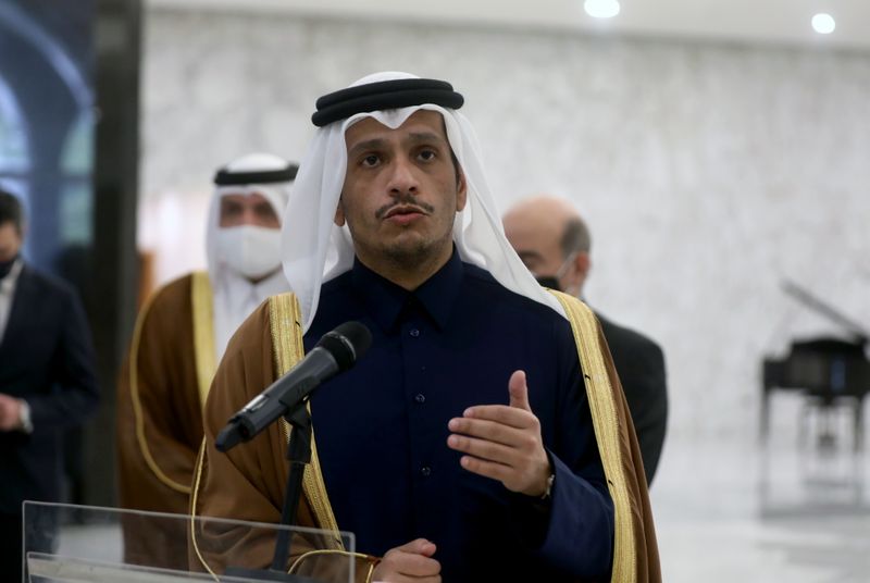Qatari foreign minister Sheikh Mohammed bin Abdulrahman Al-Thani, speaks after