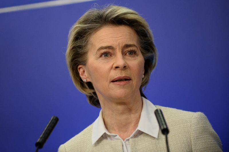 Commission President Ursula von der Leyen speaks during a news