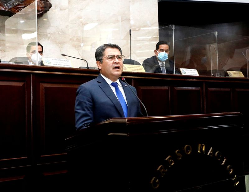 Honduras’ President Juan Orlando Hernandez addresses the Congress in Tegucigalpa