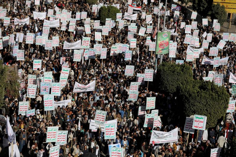 FILE PHOTO: Houthi supporters rally against the United States’ designation
