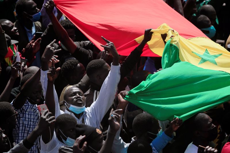 Supporters of opposition leader Ousmane Sonko protest in Dakar