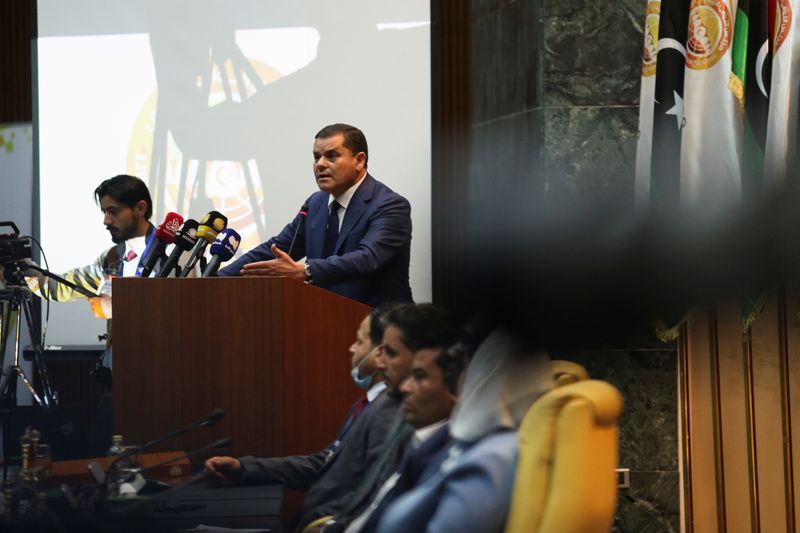 Libya’s new Prime Minister Abdulhamid Dbeibeh speaks in parliament in