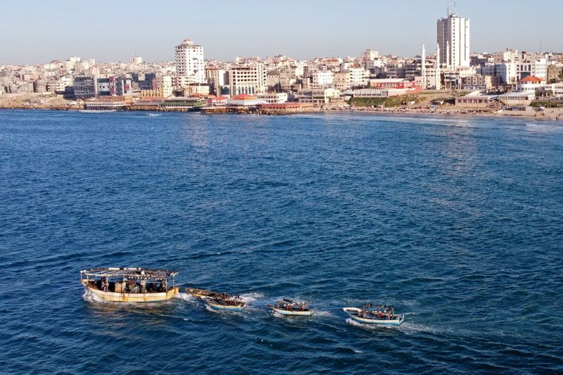 picture taken with a drone shows Palestinian fishing boats near