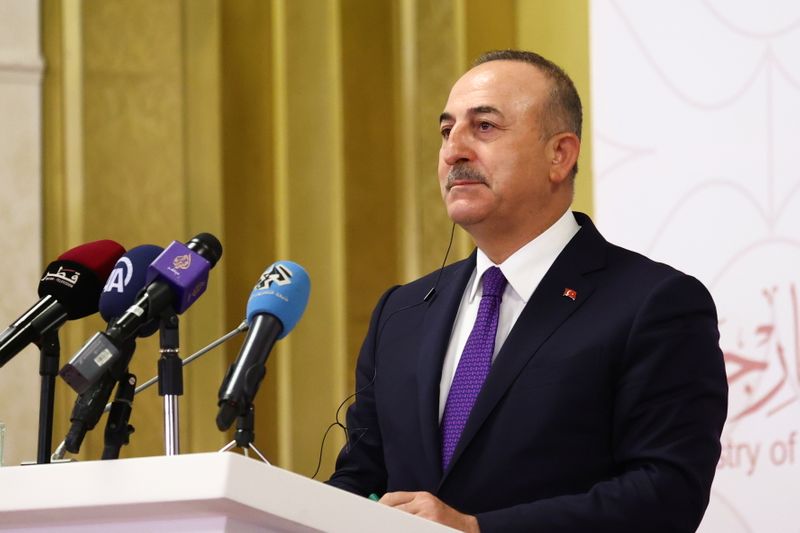 Turkey’s Foreign Minister Mevlut Cavusoglu attends a news conference in