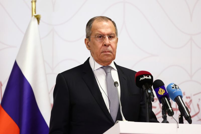 Russia’s Foreign Minister Sergei Lavrov attends a news conference in