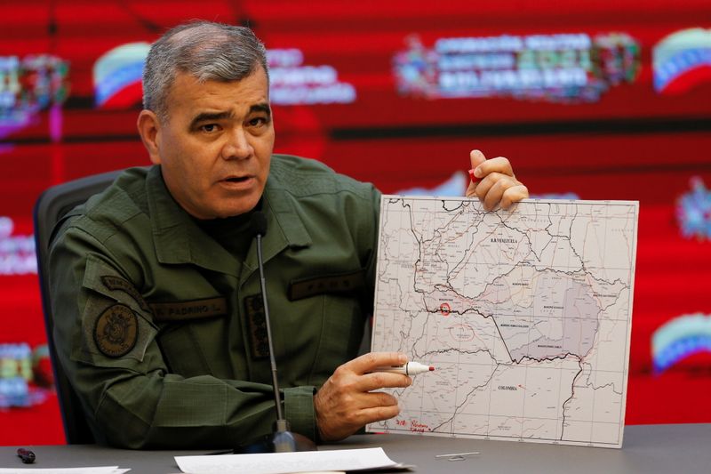 Venezuela’s Defense Minister Vladimir Padrino Lopez addresses the media at