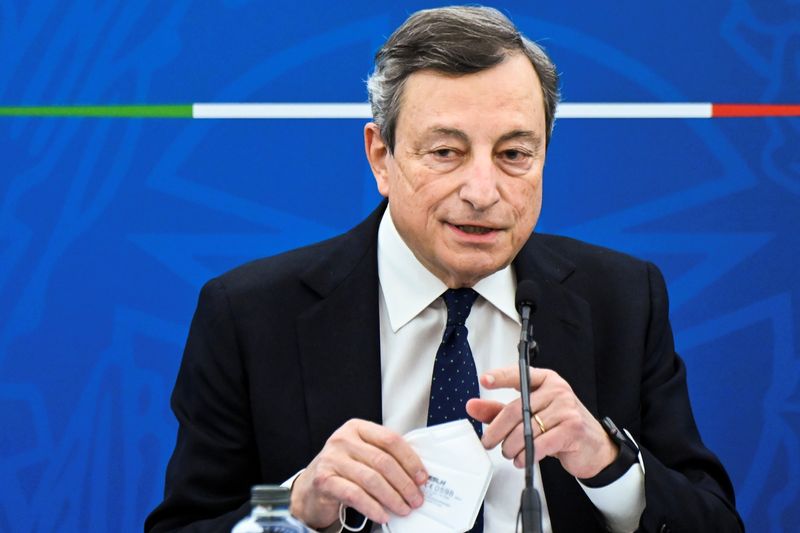 Italy’s Prime Minister, Mario Draghi speaks during a joint press