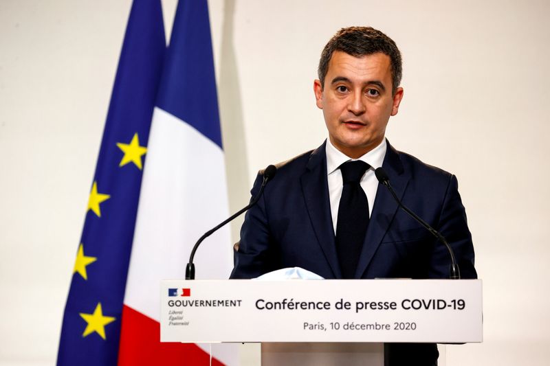 FILE PHOTO: French Interior Minister Gerald Darmanin speaks during a