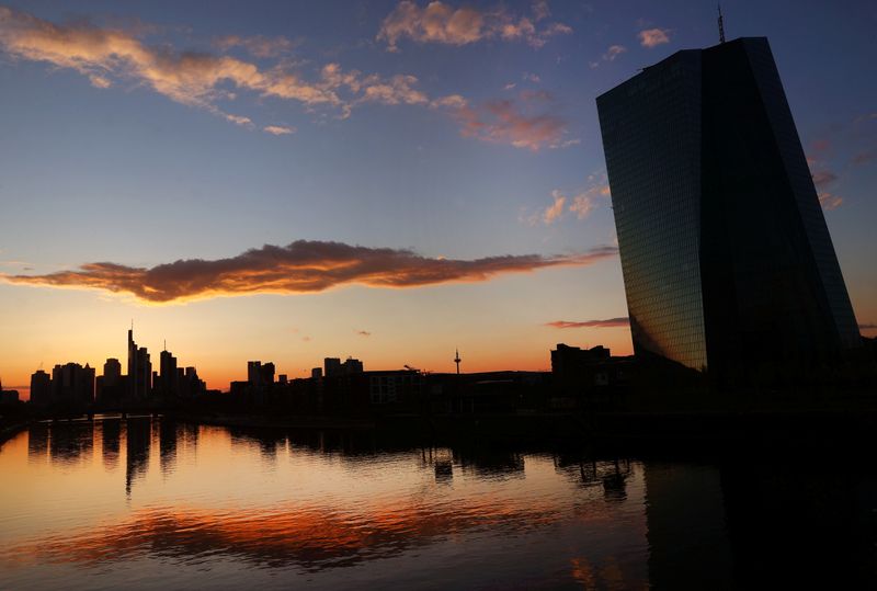 The European Central Bank is photographed during sunset in Frankfurt