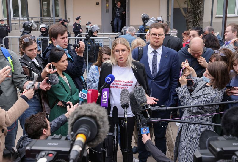 Russian opposition figure Lyubov Sobol speaks with journalists after a