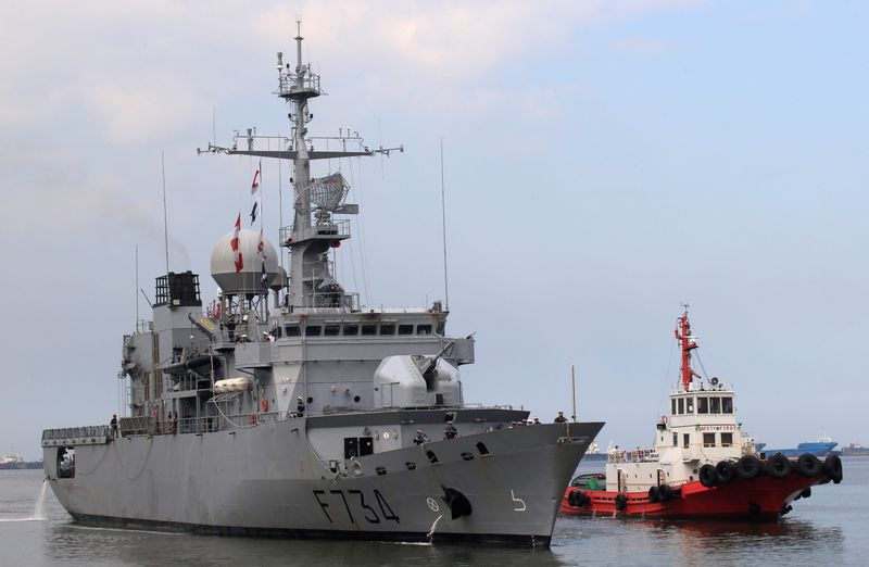 FILE PHOTO: A tugboat escorts French Navy ship Vendemiaire (F734),