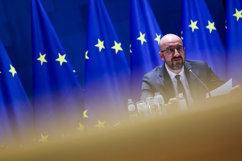 European Council President Charles Michel attends a video conference meeting